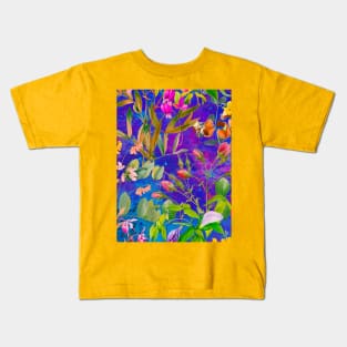 Cool tropical floral leaves botanical illustration, tropical plants,leaves and flowers, blue leaves pattern Kids T-Shirt